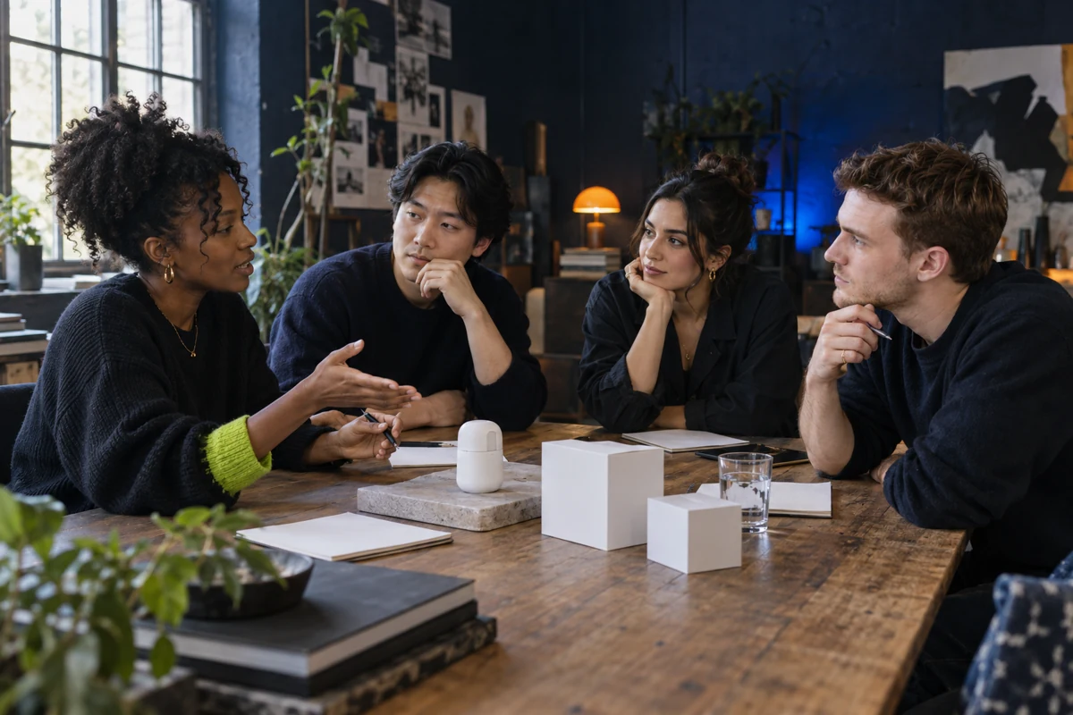 Four sample adults discussing a product concept around a table.