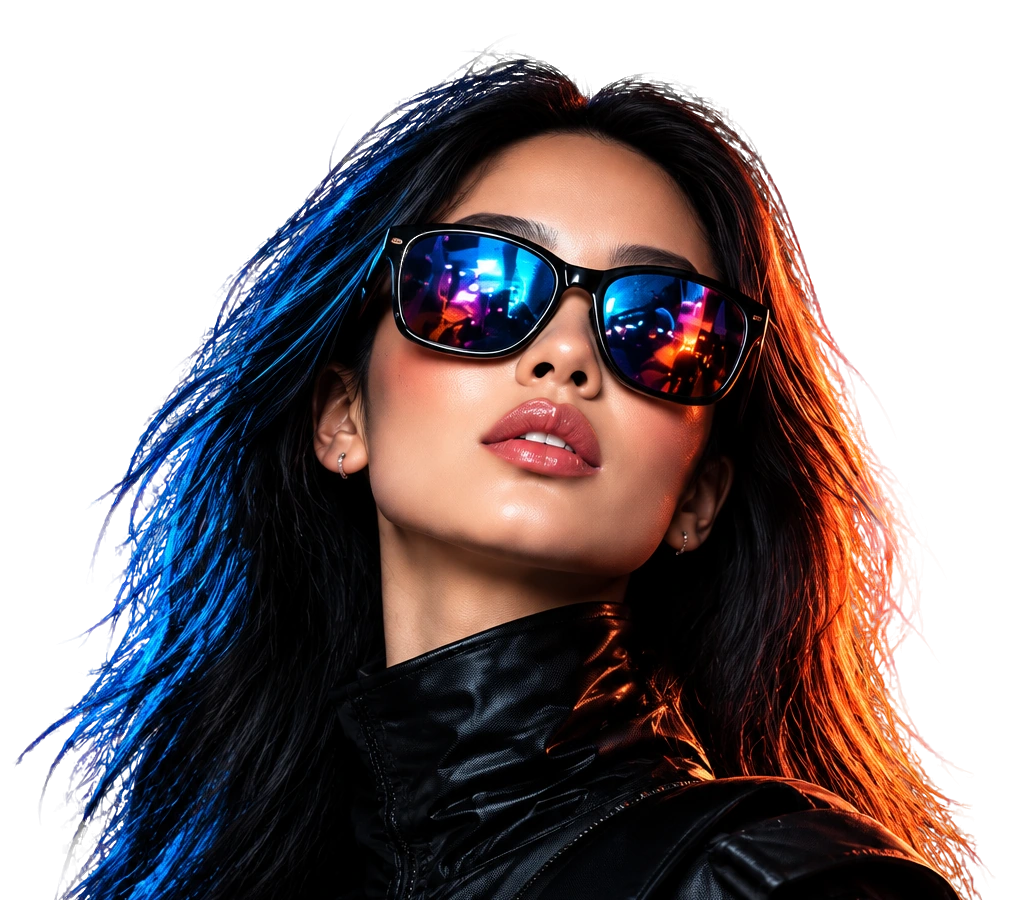 Sample creator wearing reflective statement sunglasses